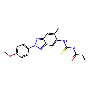 N-[[2-(4-methoxyphenyl)-6-methylbenzotriazol-5-yl]carbamothioyl]propanamide structure