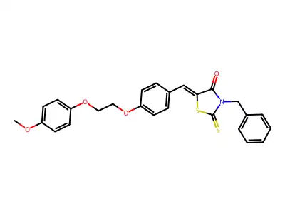 (5Z)-3-benzyl-5-{4-[2-(4-methoxyphenoxy)ethoxy]benzylidene}-2-thioxo-1,3-thiazolidin-4-one structure