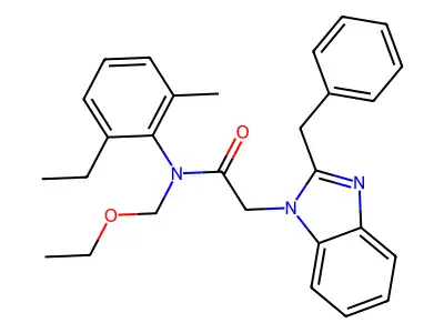 2-(2-benzyl-1H-1,3-benzodiazol-1-yl)-N-(ethoxymethyl)-N-(2-ethyl-6-methylphenyl)acetamide structure