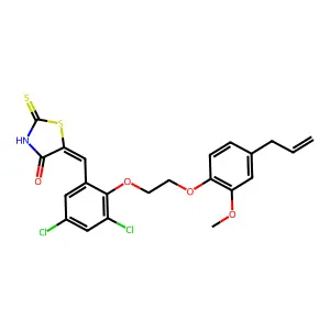 (5Z)-5-(3,5-dichloro-2-{2-[2-methoxy-4-(prop-2-en-1-yl)phenoxy]ethoxy}benzylidene)-2-thioxo-1,3-thiazolidin-4-one structure