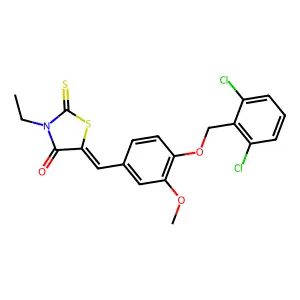 (5E)-5-[[4-[(2,6-dichlorophenyl)methoxy]-3-methoxyphenyl]methylidene]-3-ethyl-2-sulfanylidene-1,3-thiazolidin-4-one structure