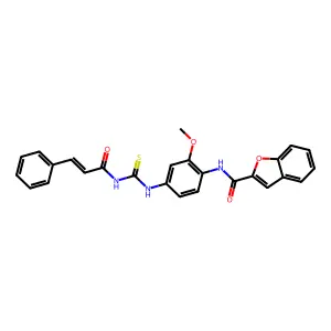 N-[2-methoxy-4-({[(2E)-3-phenylprop-2-enoyl]carbamothioyl}amino)phenyl]-1-benzofuran-2-carboxamide structure