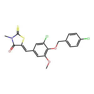 (5E)-5-[[3-chloro-4-[(4-chlorophenyl)methoxy]-5-methoxyphenyl]methylidene]-3-methyl-2-sulfanylidene-1,3-thiazolidin-4-one structure