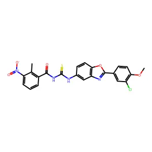 N-[[2-(3-chloro-4-methoxyphenyl)-1,3-benzoxazol-5-yl]carbamothioyl]-2-methyl-3-nitrobenzamide structure