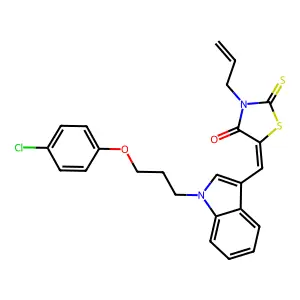 (5E)-5-[[1-[3-(4-chlorophenoxy)propyl]indol-3-yl]methylidene]-3-prop-2-enyl-2-sulfanylidene-1,3-thiazolidin-4-one structure