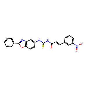 (2E)-3-(3-nitrophenyl)-N-[(2-phenyl-1,3-benzoxazol-5-yl)carbamothioyl]prop-2-enamide structure