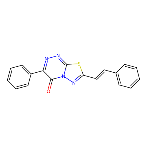3-phenyl-7-[(E)-2-phenylethenyl]-[1,3,4]thiadiazolo[2,3-c][1,2,4]triazin-4-one structure