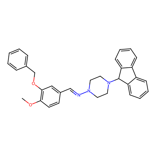 N-[3-(benzyloxy)-4-methoxybenzylidene]-4-(9H-fluoren-9-yl)-1-piperazinamine structure