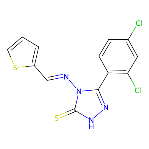 (E)-5-(2,4-dichlorophenyl)-4-((thiophen-2-ylmethylene)amino)-4H-1,2,4-triazole-3-thiol structure
