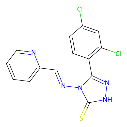 (E)-5-(2,4-dichlorophenyl)-4-((pyridin-2-ylmethylene)amino)-4H-1,2,4-triazole-3-thiol structure