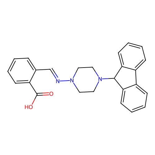 2-({[4-(9H-fluoren-9-yl)-1-piperazinyl]imino}methyl)benzoic acid structure
