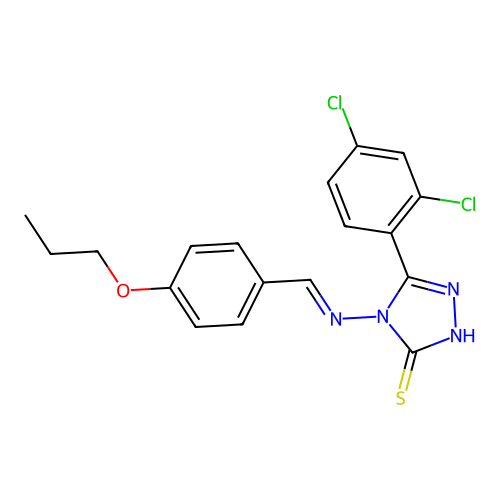 (E)-5-(2,4-dichlorophenyl)-4-((4-propoxybenzylidene)amino)-4H-1,2,4-triazole-3-thiol structure