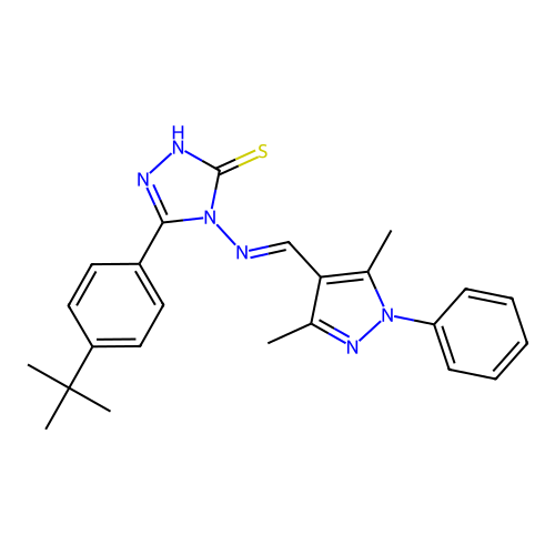 5-(4-tert-butylphenyl)-4-{[(3,5-dimethyl-1-phenyl-1H-pyrazol-4-yl)methylene]amino}-4H-1,2,4-triazole-3-thiol structure