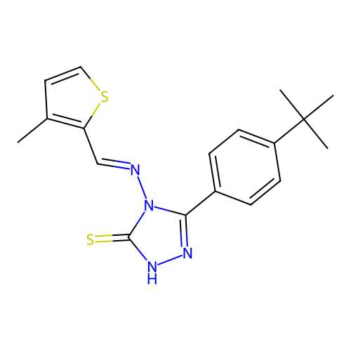 (E)-5-(4-(tert-butyl)phenyl)-4-(((3-methylthiophen-2-yl)methylene)amino)-4H-1,2,4-triazole-3-thiol structure