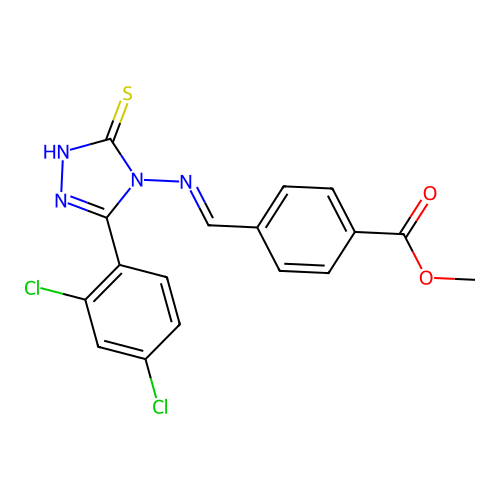 (E)-methyl 4-(((3-(2,4-dichlorophenyl)-5-mercapto-4H-1,2,4-triazol-4-yl)imino)methyl)benzoate structure