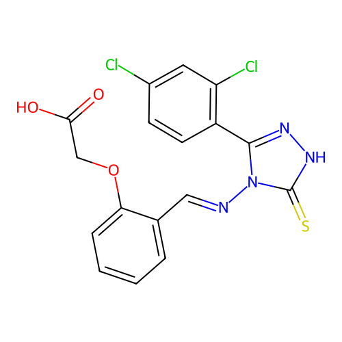 (E)-2-(2-(((3-(2,4-dichlorophenyl)-5-mercapto-4H-1,2,4-triazol-4-yl)imino)methyl)phenoxy)acetic acid structure