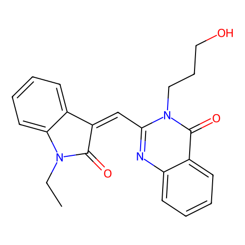2-[(Z)-(1-ethyl-2-oxoindol-3-ylidene)methyl]-3-(3-hydroxypropyl)quinazolin-4-one structure