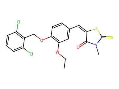 (5E)-5-[[4-[(2,6-dichlorophenyl)methoxy]-3-ethoxyphenyl]methylidene]-3-methyl-2-sulfanylidene-1,3-thiazolidin-4-one structure
