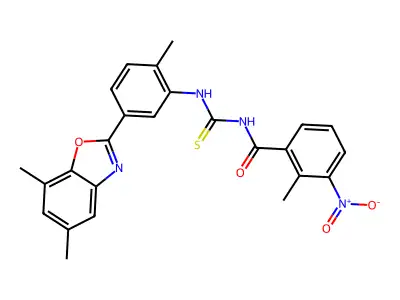 N-[[5-(5,7-dimethyl-1,3-benzoxazol-2-yl)-2-methylphenyl]carbamothioyl]-2-methyl-3-nitrobenzamide structure