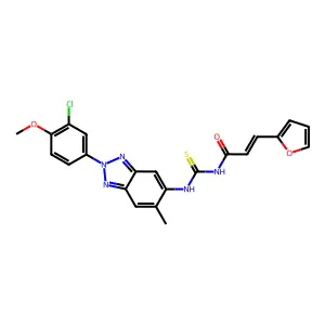 (E)-N-[[2-(3-chloro-4-methoxyphenyl)-6-methylbenzotriazol-5-yl]carbamothioyl]-3-(furan-2-yl)prop-2-enamide structure