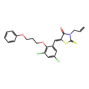 (5E)-5-[[3,5-dichloro-2-(3-phenoxypropoxy)phenyl]methylidene]-3-prop-2-enyl-2-sulfanylidene-1,3-thiazolidin-4-one structure