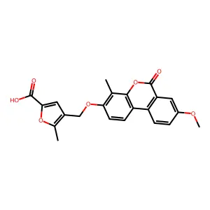 4-[(8-methoxy-4-methyl-6-oxobenzo[c]chromen-3-yl)oxymethyl]-5-methylfuran-2-carboxylic acid structure