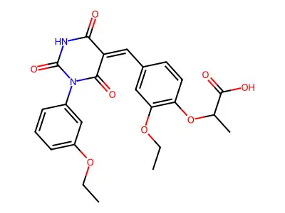 (Z)-2-(2-ethoxy-4-((1-(3-ethoxyphenyl)-2,4,6-trioxotetrahydropyrimidin-5(2H)-ylidene)methyl)phenoxy)propanoic acid structure