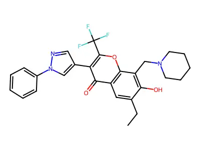 6-ethyl-7-hydroxy-3-(1-phenyl-1H-pyrazol-4-yl)-8-(1-piperidinylmethyl)-2-(trifluoromethyl)-4H-chromen-4-one structure