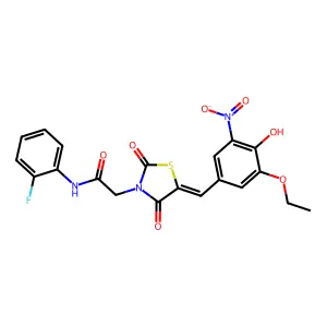2-[(5Z)-5-[(3-ethoxy-4-hydroxy-5-nitrophenyl)methylidene]-2,4-dioxo-1,3-thiazolidin-3-yl]-N-(2-fluorophenyl)acetamide structure