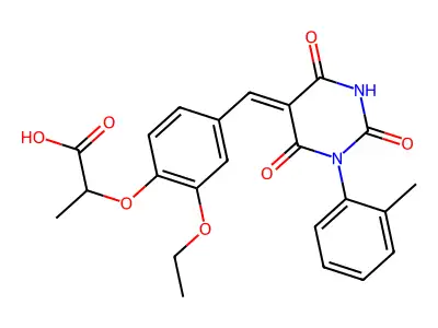 2-(2-ethoxy-4-{(Z)-[1-(2-methylphenyl)-2,4,6-trioxotetrahydropyrimidin-5(2H)-ylidene]methyl}phenoxy)propanoic acid structure