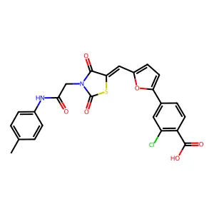 2-chloro-4-[5-[(Z)-[3-[2-(4-methylanilino)-2-oxoethyl]-2,4-dioxo-1,3-thiazolidin-5-ylidene]methyl]furan-2-yl]benzoic acid structure