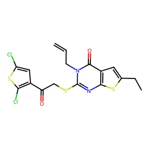 2-[2-(2,5-dichlorothiophen-3-yl)-2-oxoethyl]sulfanyl-6-ethyl-3-prop-2-enylthieno[2,3-d]pyrimidin-4-one structure