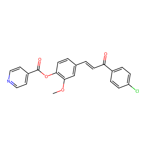(E)-4-(3-(4-chlorophenyl)-3-oxoprop-1-en-1-yl)-2-methoxyphenyl isonicotinate structure