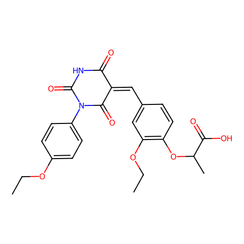2-(2-ethoxy-4-{(Z)-[1-(4-ethoxyphenyl)-2,4,6-trioxotetrahydropyrimidin-5(2H)-ylidene]methyl}phenoxy)propanoic acid structure