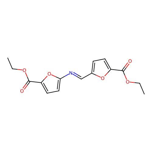 Ethyl 5-(((5-(ethoxycarbonyl)-2-furanyl)imino)methyl)-2-furancarboxylate structure