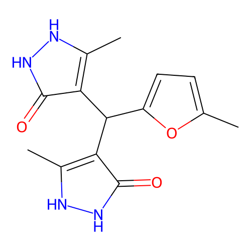 4,4'-[(5-methylfuran-2-yl)methanediyl]bis(3-methyl-1H-pyrazol-5-ol) structure