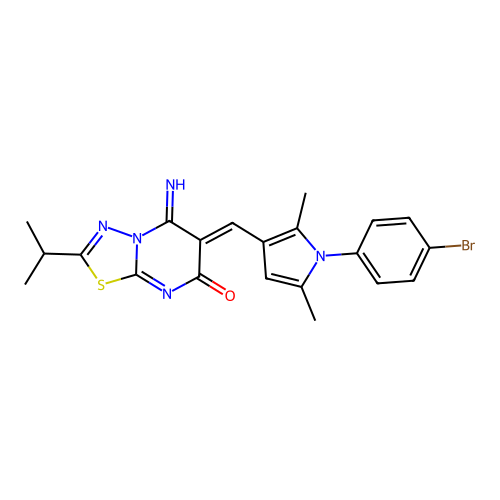 (6Z)-6-[[1-(4-bromophenyl)-2,5-dimethylpyrrol-3-yl]methylidene]-5-imino-2-propan-2-yl-[1,3,4]thiadiazolo[3,2-a]pyrimidin-7-one structure