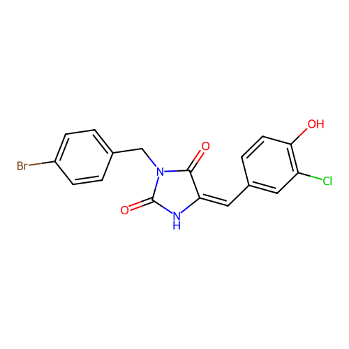 (5E)-3-[(4-bromophenyl)methyl]-5-[(3-chloro-4-hydroxyphenyl)methylidene]imidazolidine-2,4-dione structure