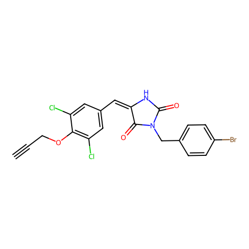 (5E)-3-(4-bromobenzyl)-5-[3,5-dichloro-4-(prop-2-yn-1-yloxy)benzylidene]imidazolidine-2,4-dione structure
