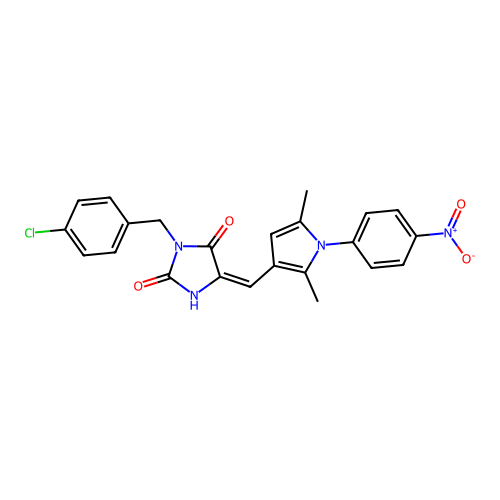 (5E)-3-[(4-chlorophenyl)methyl]-5-[[2,5-dimethyl-1-(4-nitrophenyl)pyrrol-3-yl]methylidene]imidazolidine-2,4-dione structure