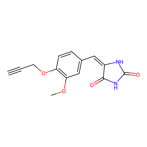 (5E)-5-[(3-methoxy-4-prop-2-ynoxyphenyl)methylidene]imidazolidine-2,4-dione structure