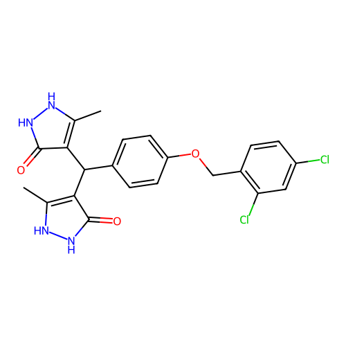 4,4'-({4-[(2,4-dichlorobenzyl)oxy]phenyl}methanediyl)bis(3-methyl-1H-pyrazol-5-ol) structure