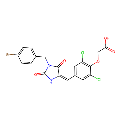 (4-{(E)-[1-(4-bromobenzyl)-2,5-dioxoimidazolidin-4-ylidene]methyl}-2,6-dichlorophenoxy)acetic acid structure