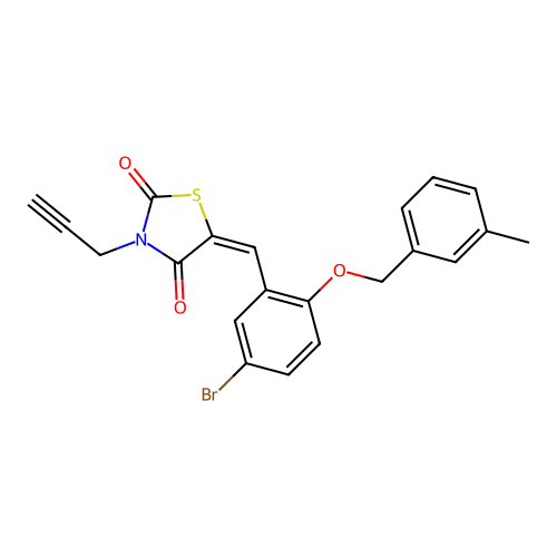 (5E)-5-[[5-bromo-2-[(3-methylphenyl)methoxy]phenyl]methylidene]-3-prop-2-ynyl-1,3-thiazolidine-2,4-dione structure