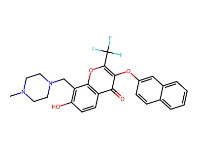 7-hydroxy-8-[(4-methylpiperazin-1-yl)methyl]-3-naphthalen-2-yloxy-2-(trifluoromethyl)chromen-4-one structure