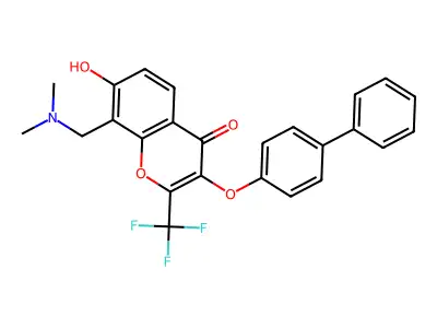8-(dimethylaminomethyl)-7-hydroxy-3-(4-phenylphenoxy)-2-(trifluoromethyl)chromen-4-one structure