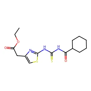 Ethyl 2-(2-(3-(cyclohexanecarbonyl)thioureido)thiazol-4-yl)acetate structure
