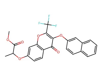 methyl 2-((3-(naphthalen-2-yloxy)-4-oxo-2-(trifluoromethyl)-4H-chromen-7-yl)oxy)propanoate structure