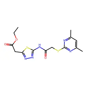 ethyl 2-(5-(2-((4,6-dimethylpyrimidin-2-yl)thio)acetamido)-1,3,4-thiadiazol-2-yl)acetate structure