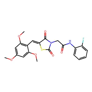 2-[2,4-dioxo-5-(2,4,6-trimethoxybenzylidene)-1,3-thiazolidin-3-yl]-N-(2-fluorophenyl)acetamide structure